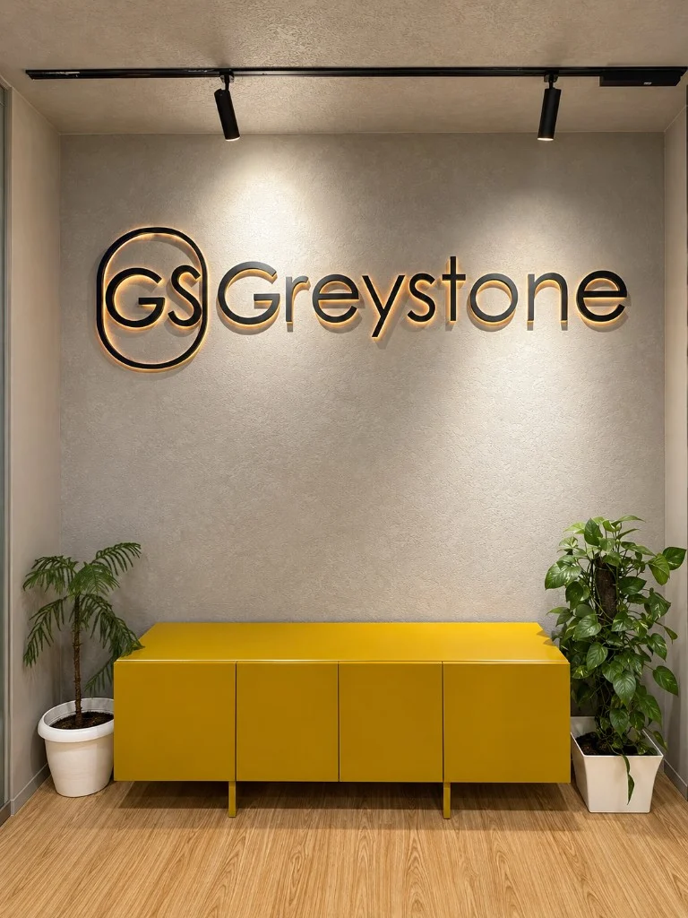 Greystone Infra studio reception in Noida with the illuminated GS Greystone sign